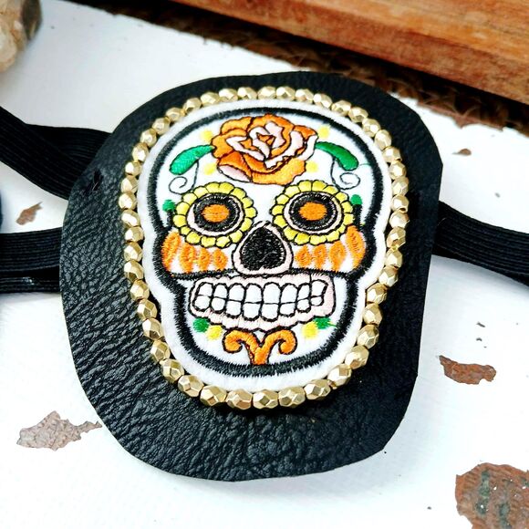 Sugar Skull Embroidered Beaded Eye Patch, Adjustable Vision Accessory Ocular Aid - Picture 5 of 6